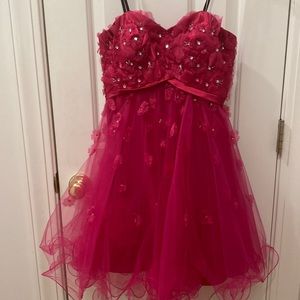 Bright pink dress with rhinestones and small flowers all over it size 5/6